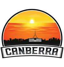 Canberra Australia Skyline Sunset Travel Souvenir Sticker Logo Badge Stamp Emblem Coat Of Arms Vector Illustration EPS