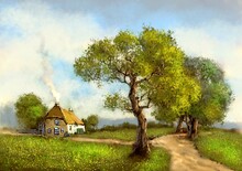 Digital Paintings Rural Landscape, Road In The Village, Landscape In The Morning, Landscape With House