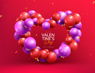 Wall Mural - Happy valentine's day text vector design. Valentine's day balloons in heart shape decoration for greeting card background. Vector Illustration.
