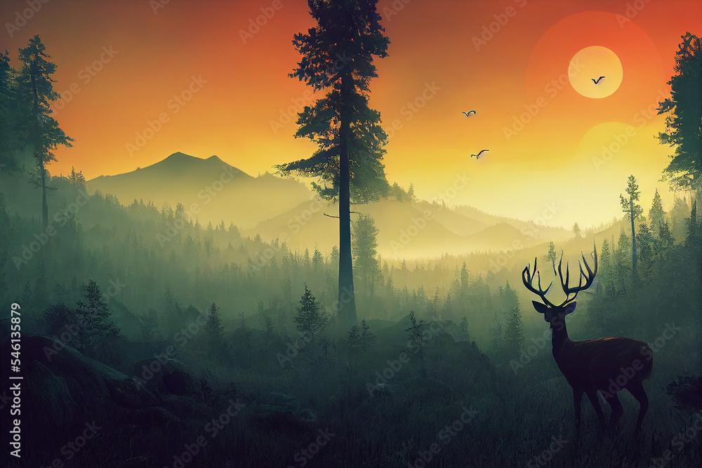 firewatch wallpaper background. beautiful scenery landscape graphic design. deer an the mountain and forest.