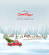 Festive Christmas background with a winter village, snow-covered fir trees and a red car is driving a Christmas tree for a  holiday. Winter illustration, banner, card