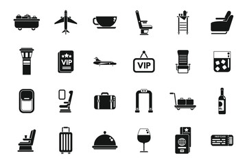 Poster - First class travel icons set simple vector. Airplane service. Seat traveler