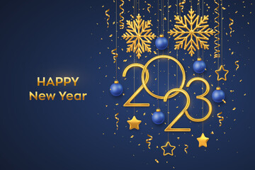 Wall Mural - Happy New 2023 Year. Hanging Golden metallic numbers 2023 with shining snowflakes, 3D metallic stars, balls and confetti on blue background. New Year greeting card or banner template. Vector.