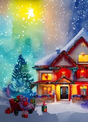 Wall Mural - The house is decorated with lights and garland. A wreath hangs on the door, and presents are placed under the tree.