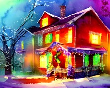 It's The Holiday Season And Houses Are Adorned With Festive Decorations. One House In Particular Has An Impressive Display Of Lights Strung Along The Eaves, A Sparkling Wreath On The Door, And Reindee