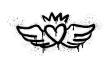 Spray Painted Graffiti Flying Heart With Wings Icon In Black Over White. Heart With Wings Drip Symbol. Isolated On White Background. Vector Illustration