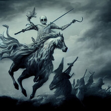 Death Riding A Pale Horse. Four Horsemen Of The Apocalypse. [Digital Art Illustration, Sci-Fi Or Fantasy Style Background, Greeting Card Image]