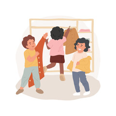 Wall Mural - Getting dressed isolated cartoon vector illustration. Preschool education, montessori method, toddler putting coat on, child taking off jacket, hanging up clothes, kindergarten vector cartoon.