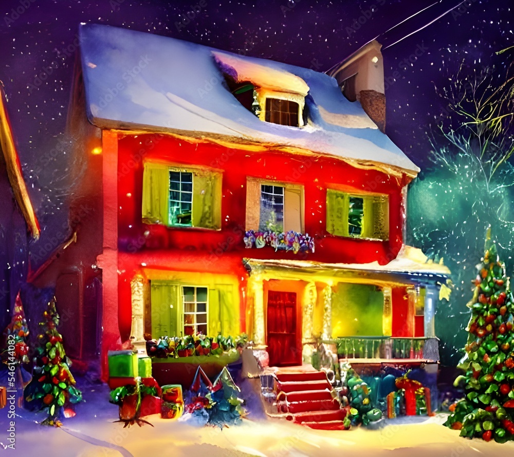 The beautiful house is adorned with sparkling lights and vibrant ...