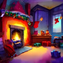 The Fireplace Is Adorned With Red, White, And Green Garland. Stockings Are Hung From The Mantle With Care. A Fire Burns Merrily In The Hearth, Adding To The Warmth Of Christmas Cheer Permeating The Ro