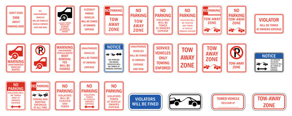 Canvas Print - Parking sign and labels tow away zone no parking violator will be ticketed, fine, booted and tow away set