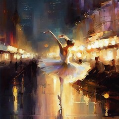 dance ballet in the city streets at night oil paint acrylic art painting beautiful elegant inspiring dancing