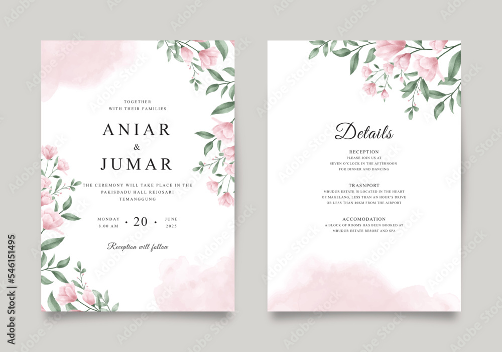Beautiful wedding invitation template with pink flowers and green ...
