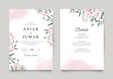 Fototapeta Tulipany - Beautiful wedding invitation template with pink flowers and green leaves