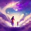 Mother and Kids Illustration in Heaven Background, Child and Mother Holding Hand Abstract Illustration