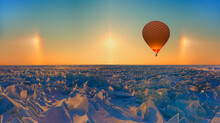Hot Air Balloon Flying Over Frozen Lake Baikal With Amazing Halo - Lake Baikal, Irkutsk Region, Russia