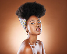 Black Woman Afro, Hair And Fashion In Beauty Skincare, Cosmetics Or Makeup Against A Studio Background. Portrait Of Proud And Confident African American Female Model With Curly Hairstyle Treatment
