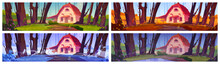 Stone Farm House On Forest Glade In Different Seasons. Winter, Summer, Spring And Autumn Landscape Of Deep Woods With Forester Home, Vector Cartoon Illustrations Set