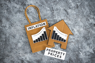 inflation going up and property prices dropping, shopping bag next to cardboard house with graphs with stats going in opposite directions