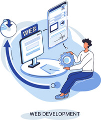 Web development metaphor, coding and programming responsive layout internet site or app of devices. Creation digital Software mobile, desktop platforms. Computer code, tablet, phone, digital business