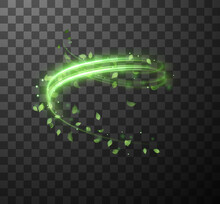 Green Spiral Spring Wind Effect With Magic Dust Particles Flying Around And Leaves Particles On Black Background. Vector Eps10