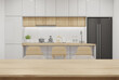 © MIRROR IMAGE STUDIO - Dining room with wood table and chairs close up view. 3d rendering of residential building interior.