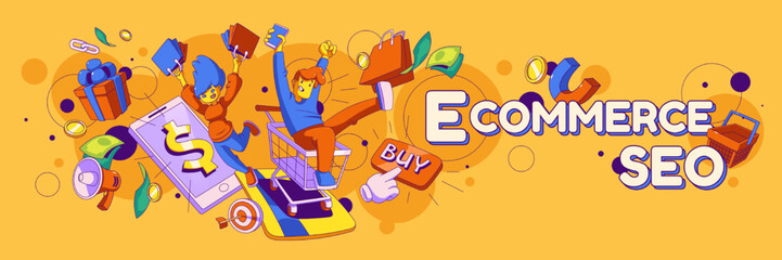 Colorful ecommerce SEO banner template. Contemporary vector illustration of excited male and female buyers enjoying online shopping with smartphone and bags in hands. Creative marketing layout design
