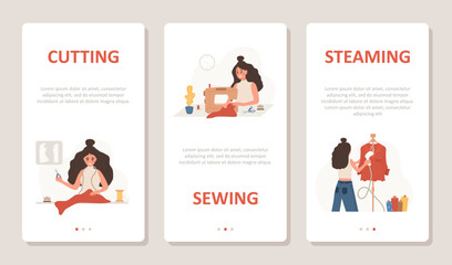 Wall Mural - Sewing concept. Woman seamstress sews, cuts and streams clothes. Set of vertical banners for social media. Fashion designer or dressmaker. Vector illustration in flat cartoon style.