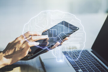 Wall Mural - double exposure of creative artificial intelligence symbol with finger clicks on a digital tablet on