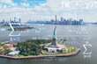 Aerial panoramic helicopter city view of Lower Manhattan, Downtown, New York, New Jersey, and Statue of Liberty. Technologies and education concept. Academic research, top ranking university, hologram