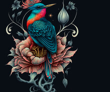 Beautiful Tropical Bird In Exotic Flowers In Vintage Style, Hummingbirds On Dark Background. Tattoo Style. Digital Illustration For T Shirt, Prints, Posters, Postcards, Stickers,	Tattoo
