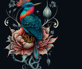 Wall Mural - beautiful tropical bird in exotic flowers in vintage style, hummingbirds on dark background. Tattoo style. Digital illustration for t shirt, prints, posters, postcards, stickers,	tattoo