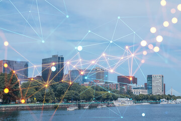 Panorama Boston city view skyline and Massachusetts Institute of Technology campus at day time. Glowing Social media icons. The concept of networking and establishing new connections between people