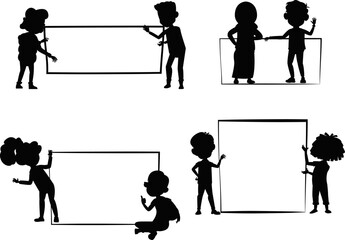 Wall Mural - School boys and Girls holding empty banners isolated vector Silhouette