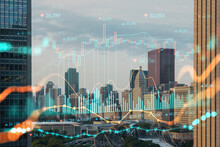 Aerial City Panorama, Chicago Downtown And Millennium Park, Day Time, Illinois, USA. Forex Graph Hologram. The Concept Of Internet Trading, Brokerage And Fundamental Analysis