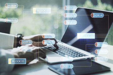 Multi exposure of abstract graphic coding sketch with hands typing on computer keyboard on background, big data and networking concept