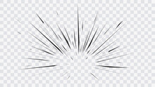 Abstract Comic Book Flash Explosion Radial Lines On Transparent Background. Vector Illustration Superhero Design. Bright Black Light Strip Burst. Flash Ray Blast Glow. Speed Lines Manga Frame. Anime