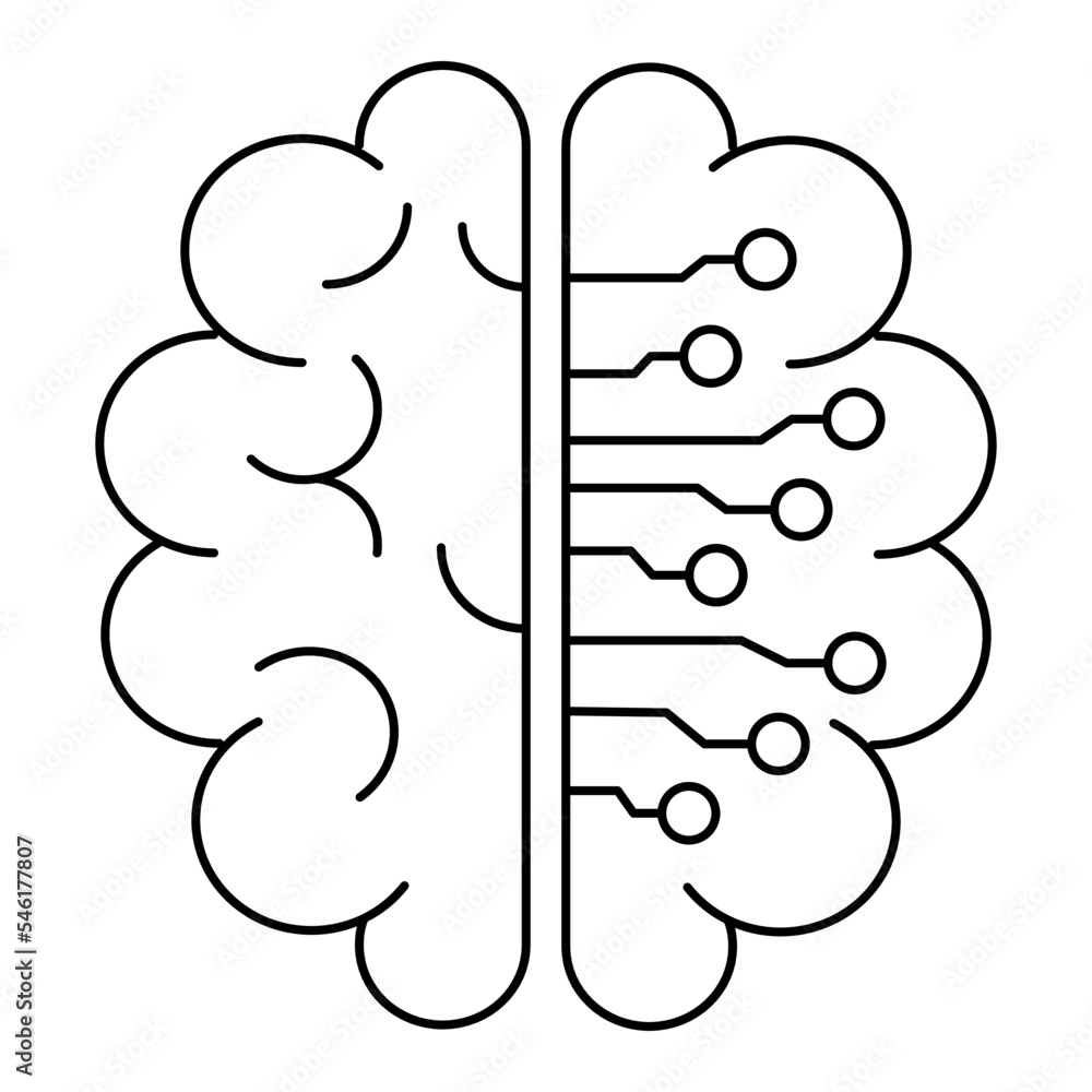 Black outline simple icon of artificial intelligence or brain with ...