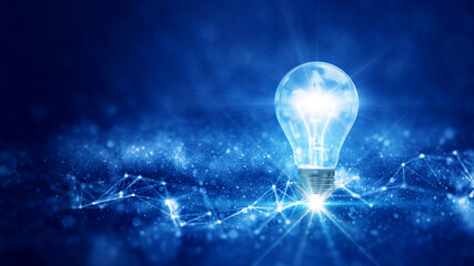 business idea creative concept technology. A light bulb illuminated above a polygon on a dark blue background.