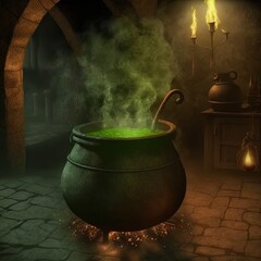 Wall Mural - A cauldron bubbling with green magic potion. 