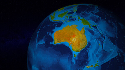 Poster - Earth globe zoomed and focused on Australia continent. Day side of Earth without clouds illuminated by sunshine and stars of universe on background. Elements of this image furnished by NASA