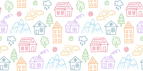 Wall Mural - Seamless pattern with children drawings. Kids doodle houses, mountains and trees. Hand drawn childish pattern with fairy town. Cute baby texture. Vector illustration on white background.