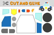 Cut And Glue Police Car. Vector Illustration. Paper Puzzle Game For Children Activity And Education