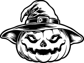 Wall Mural - Happy Halloween Witch Hat Pumpkin Monochrome