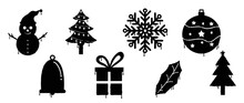 Set Of Black Christmas Elements Spray Paint Vector. Graffiti, Grunge,  Silhouette Elements Of Snowman, Snowflake, Bauble, Tree On White Background. Design Illustration For Decoration, Card, Sticker.