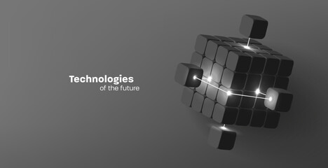 Black futuristic cube structured of smaller cubes with glowing light rays, 3d illustration