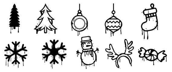 Wall Mural - Set of christmas elements spray paint vector. Graffiti, grunge elements of pine tree, bauble, snowflake, snowman, sock, candy on white background. Design illustration for decoration, card, sticker.