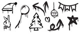 Fototapeta Młodzieżowe - Set of christmas elements black spray paint vector. Graffiti, grunge elements of santa hat, balloon, tree, rabbit, bauble, star on white background. Design illustration for decoration, card, sticker.