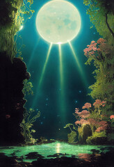 Wall Mural - a small moon hidden in oasis at night, another giant moon reflecting, bioluminescent plants dim lit 
