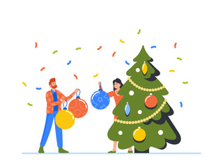 Canvas Print - Happy Man and Woman Decorating Christmas Tree Put Balls on Branches. Male and Female Characters Preparing for New Year